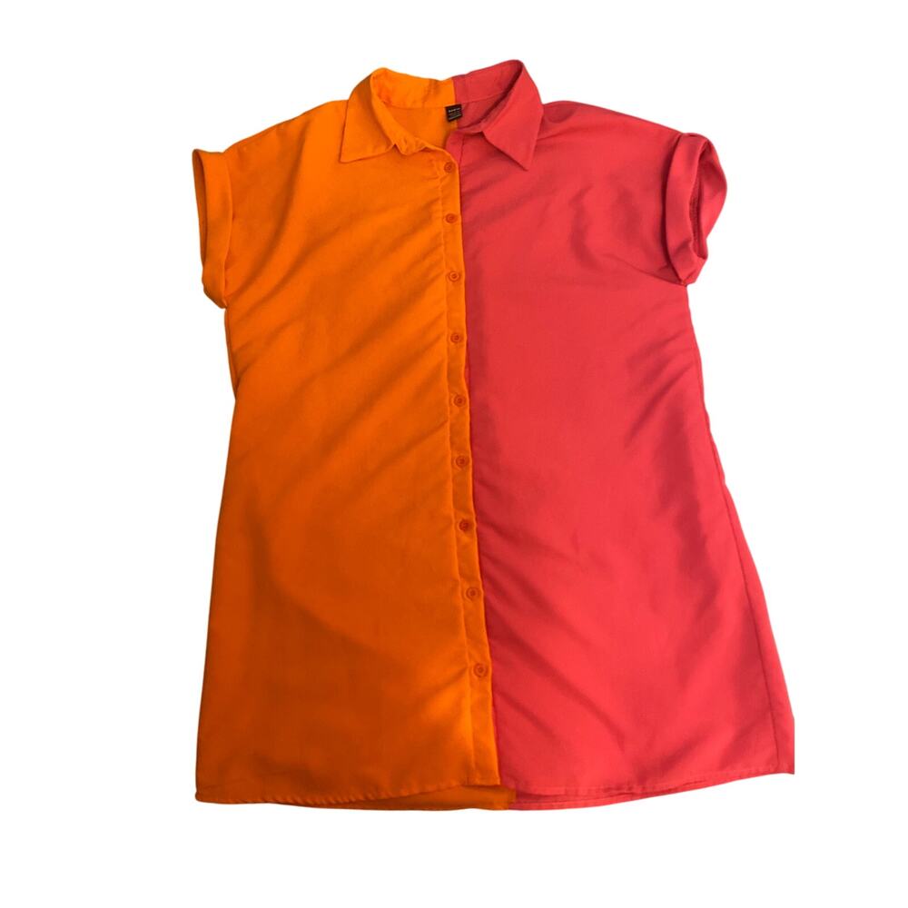 Orange and Pink Color-block shirt dress dopamine colors Shein size large